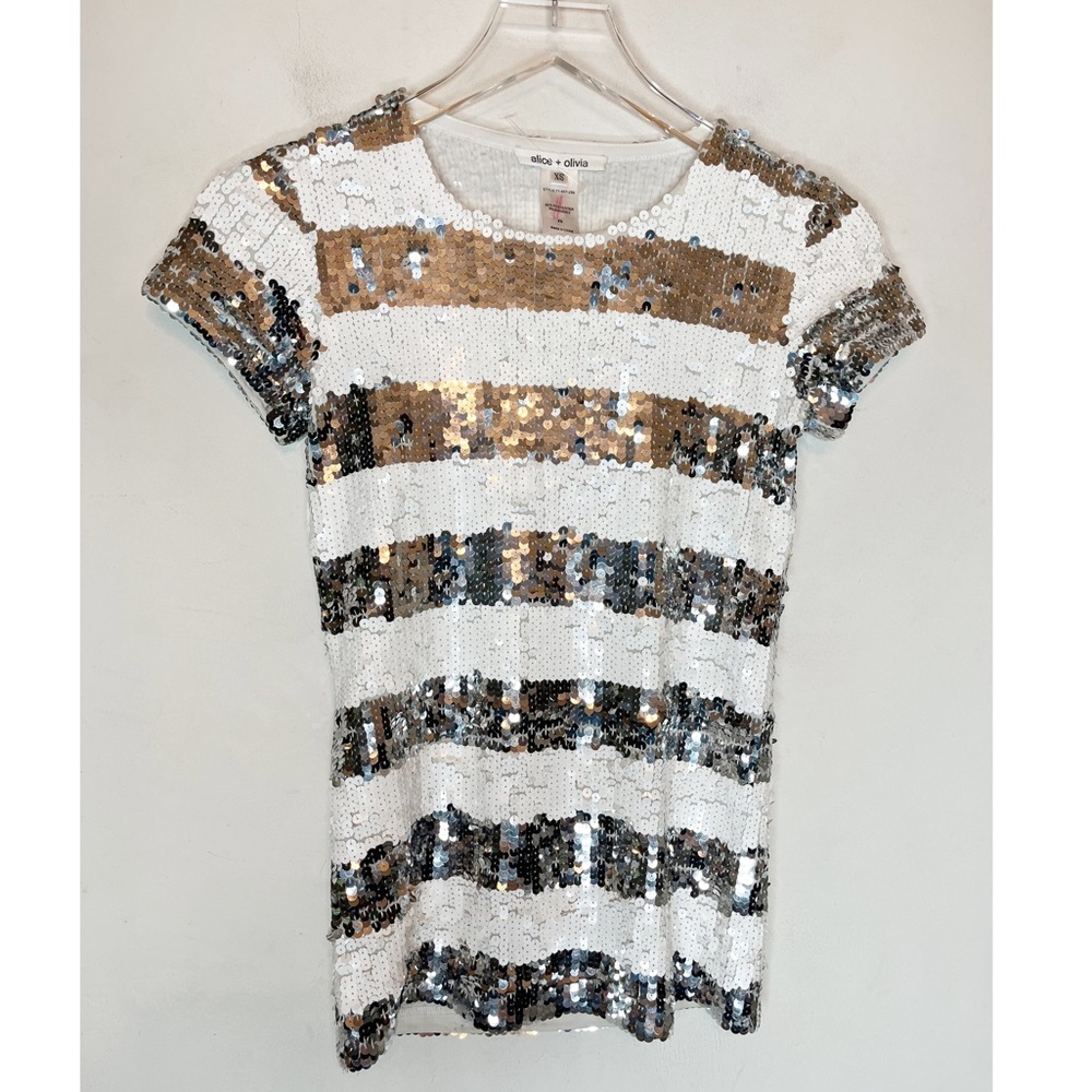 Alice + Olivia Full Sequin White Silver Stripe Top. XS